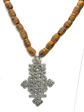 Antique Ethiopian Coptic Cross Pendant on African Trade Bead Necklace